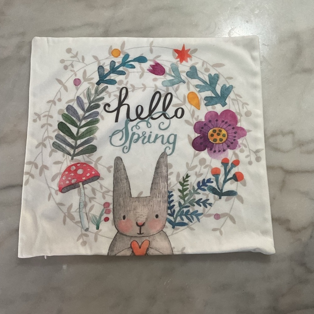 Hello Spring Bunny Pillow Cover with Floral Wreath 18/17